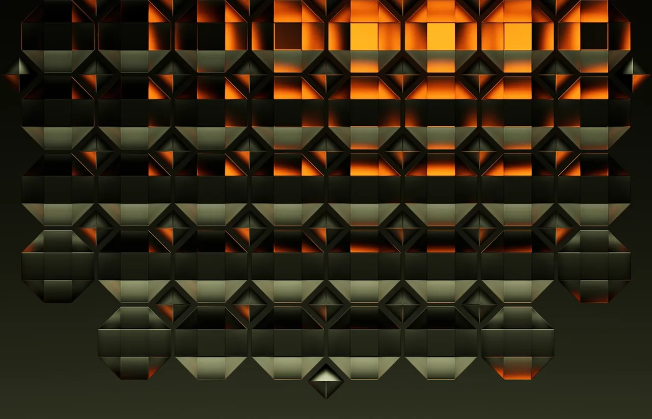 Grid of interlocking faceted metallic tiles glowing amber at the top and fading to bronze and black below