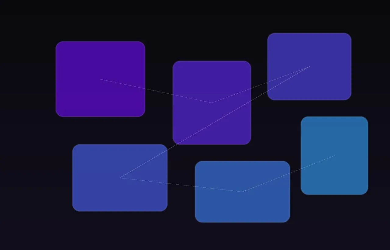 A small number of large connected modular blocks floating with clean spacing, representing an abstracted platform handling the underlying machinery