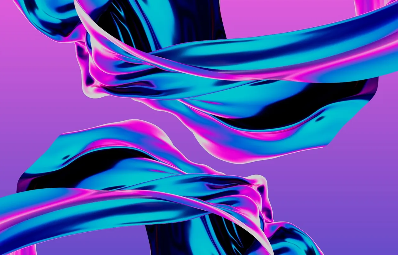 Glossy cyan and magenta metallic ribbons looping over each other on a violet field