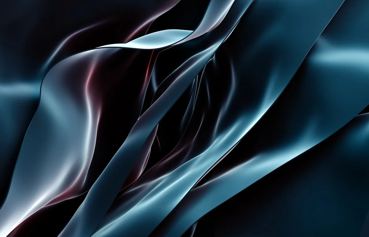 Interlacing satin folds in steel blue and deep red running diagonally across black