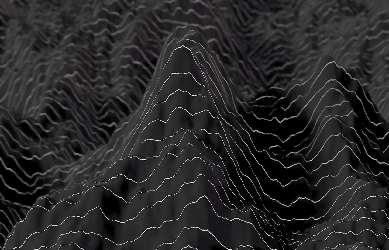 Dark rendered terrain of ridges traced by pale contour lines