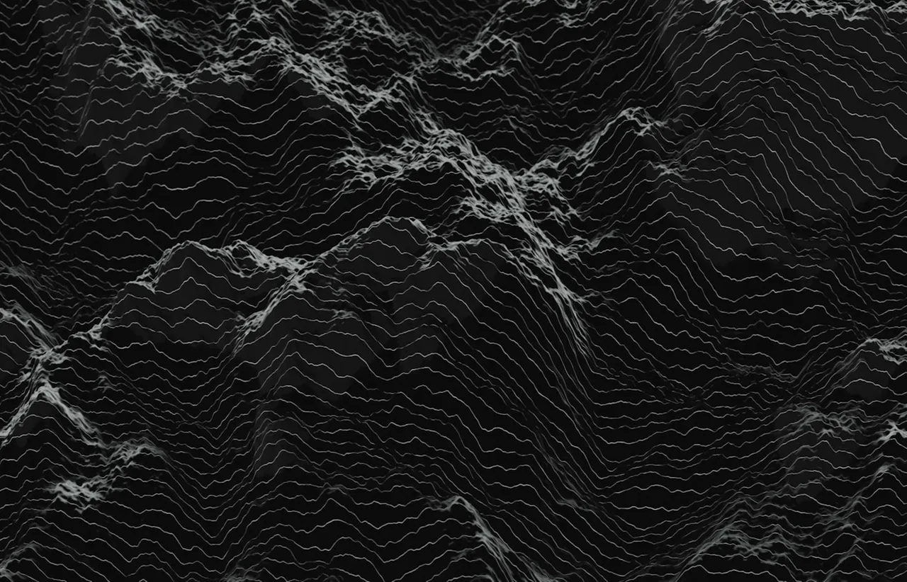 Dense field of fine contour lines wrapping dark abstract peaks and valleys
