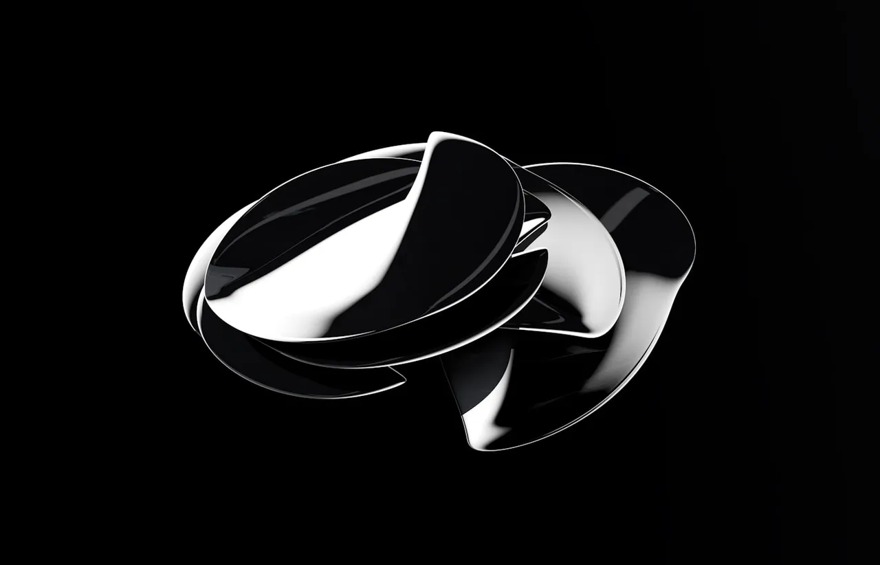 Abstract chrome sculpture of smooth interlocking curved discs on a black background with hard white reflections