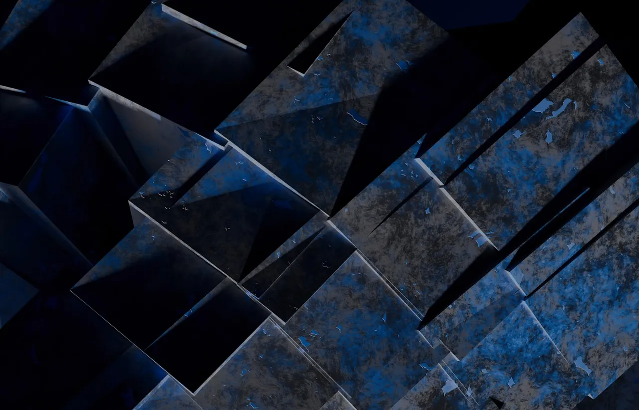Interlocking dark blue faceted blocks forming a layered geometric surface