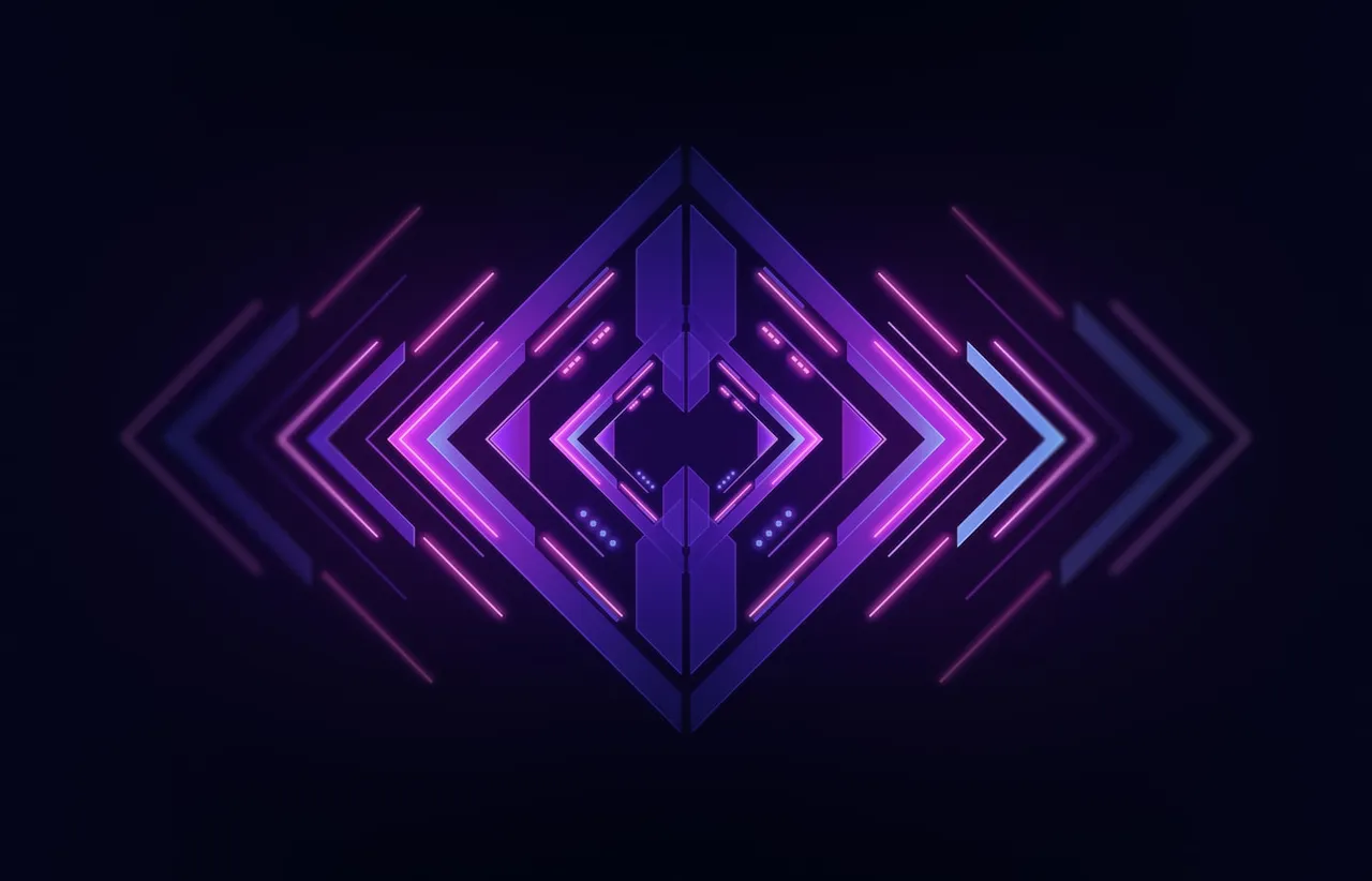 Symmetrical neon violet and blue geometric emblem glowing on a near black field