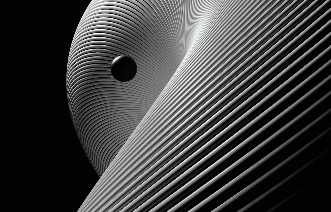 Greyscale render of tightly stacked ribbed strands curving and fanning across a pure black background