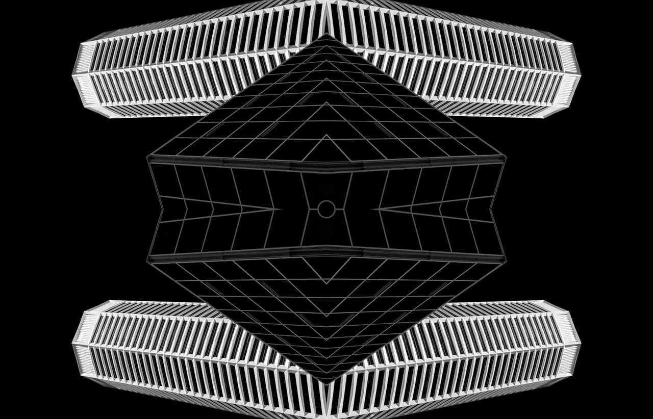 Mirrored architectural abstract on black showing a diamond grid of thin white framework lines between two bands of louvred fins