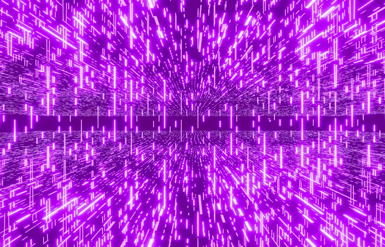 Glowing purple lines radiating outward from a central point on a dark background, forming a tunnel shape