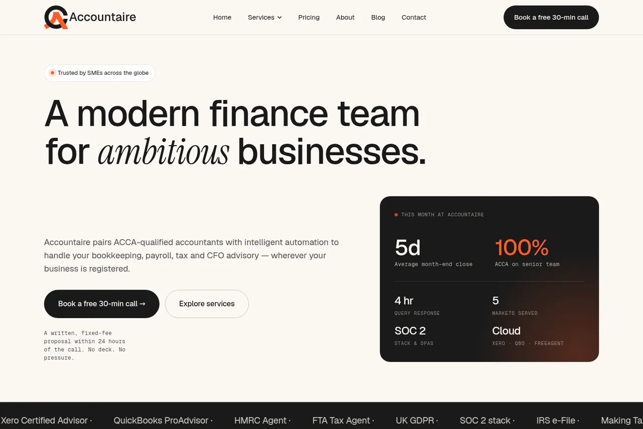 Accountaire project screen, Marketing Site for a Modern Remote Accounting Practice