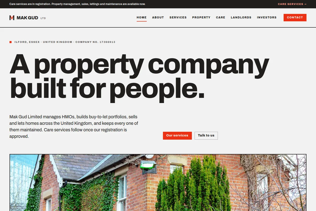 Mak Gud Limited project screen, Marketing Website for a Property and Care Provider