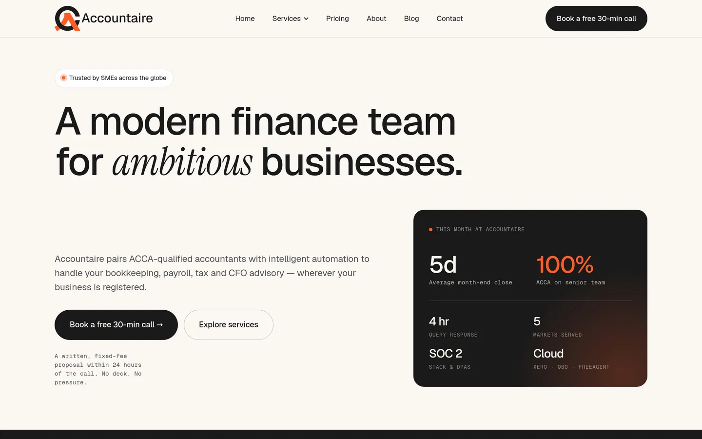 Accountaire homepage hero introducing the practice and its primary call to action