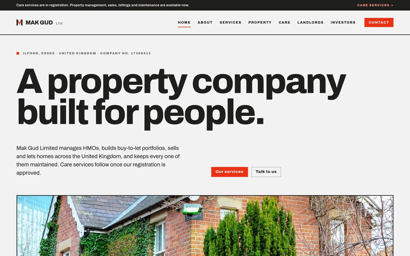 Mak Gud Limited homepage hero introducing the property business