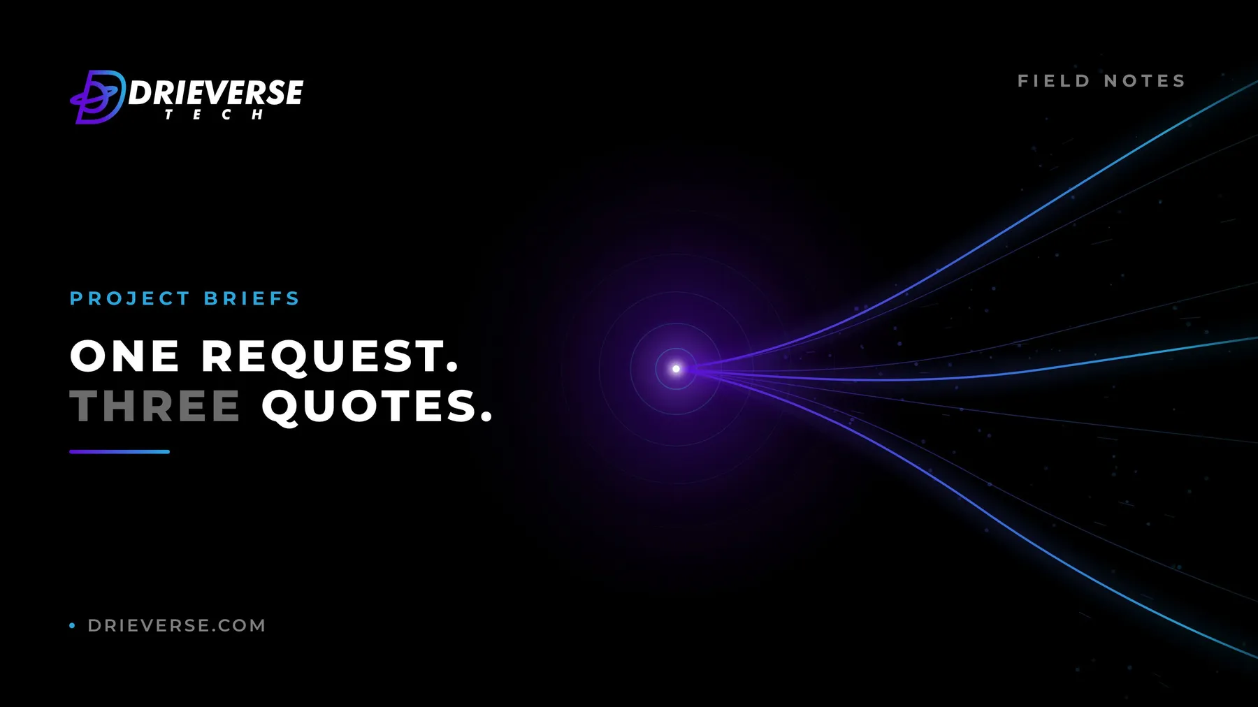 Dark field-notes cover reading "One request. Three quotes." with the DrieVerse Tech logo, for a post about writing software project briefs vendors can use.