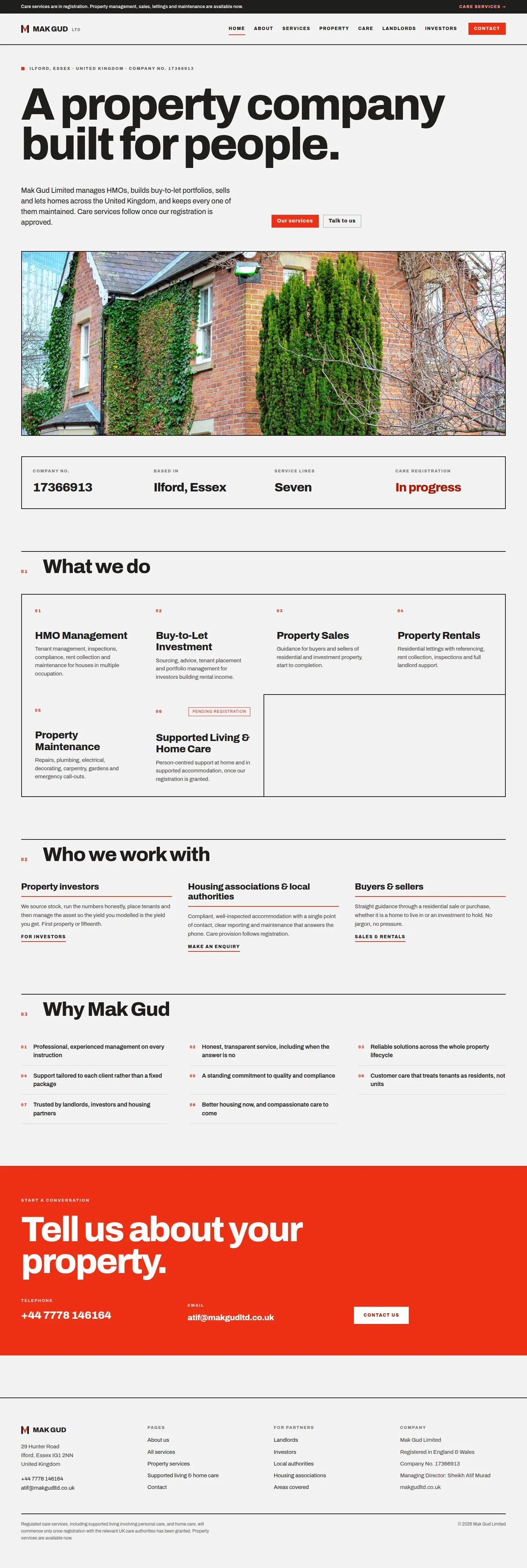 Full page screenshot of the Mak Gud Limited site, Marketing Website for a Property and Care Provider