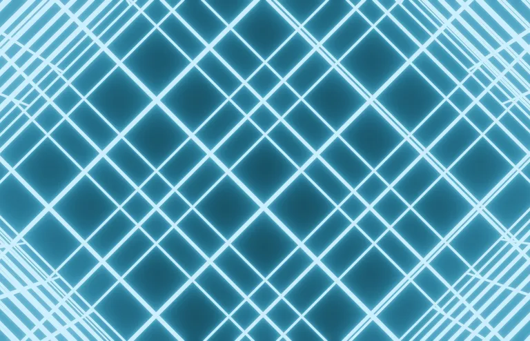 Glowing blue geometric mesh receding into darkness