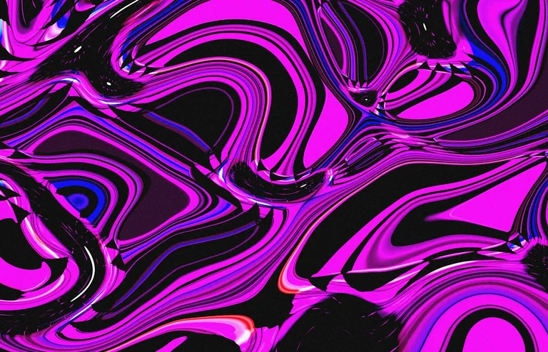 Swirling magenta and purple abstract art on black, suggesting a bold brand colour field
