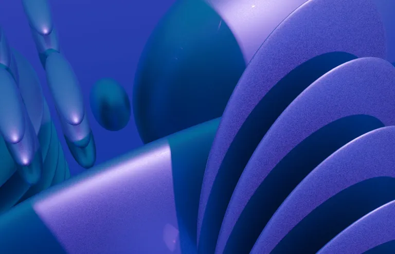 Saturated blue and purple abstract shapes with a metallic sheen against a dark background